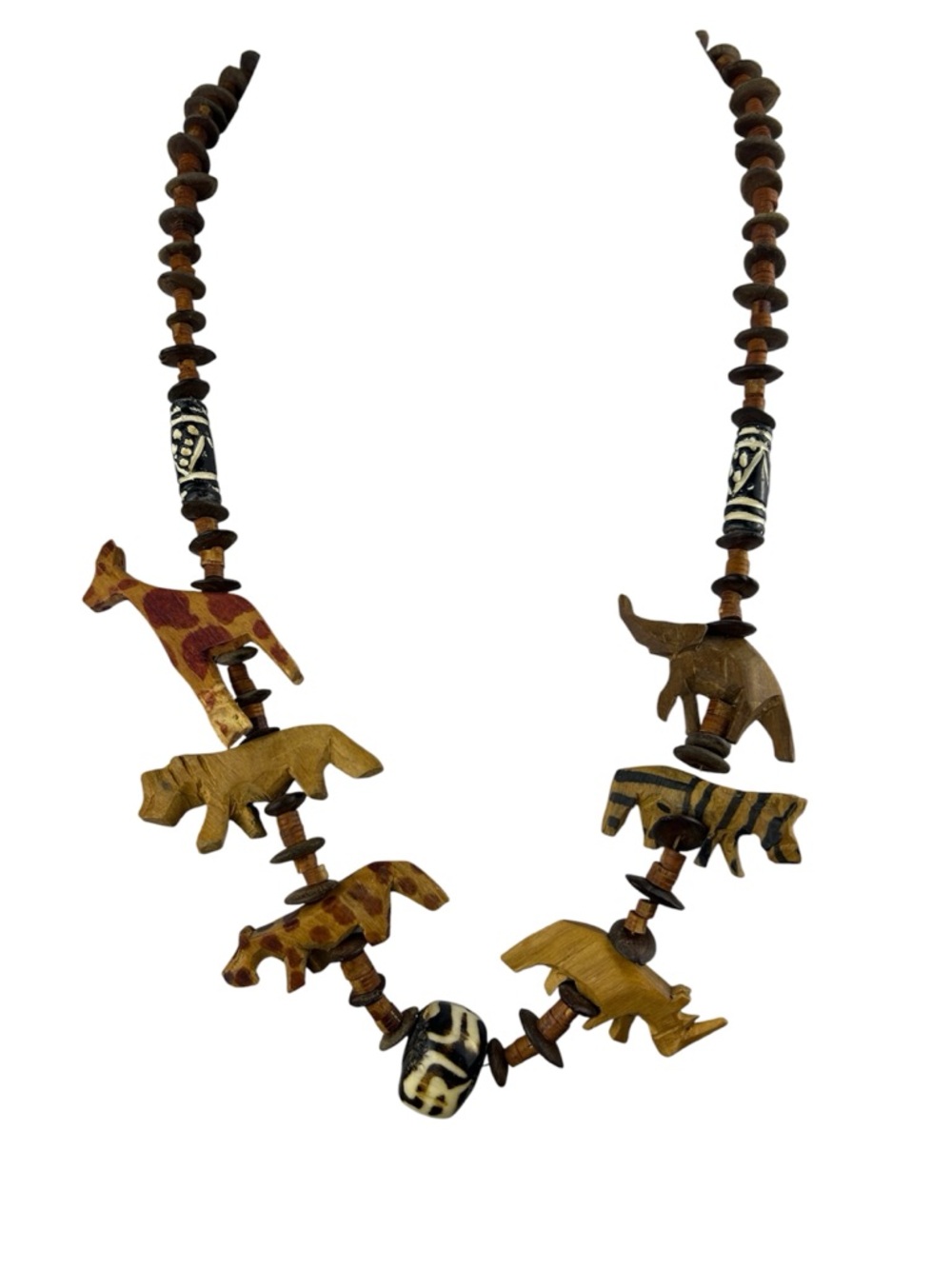 Vintage Wooden Fetish Necklace Safari Animals Beaded Giraffe Elephant Rhino